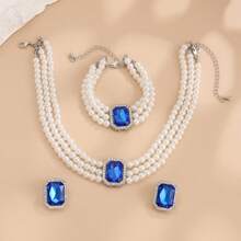4pcs Set Elegant & Fashionable Multi-Layer Faux Pearl Beaded & Gemstone Inlaid Necklace, Earrings & Bracelet Jewelry Set, Suitable For Women's Daily Wear, Wedding, Party, Holiday & Anniversary Gift