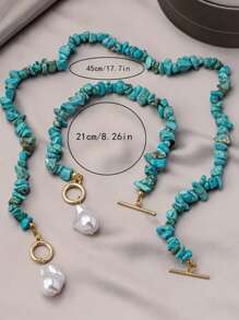 Women's Jewelry Set With Turquoise Chips And Faux Baroque Pearls, Includes 2pcs Simple Alloy Fashion Accessories, Suitable For Daily Wear - Necklace And Bracelet Set