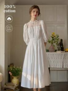 Simple Retro 女士春夏新款撞色蕾丝领白色优雅复古修身短袖连衣裙，女仆装，夏季棉质半身裙，伴娘礼服，法式温柔优雅 - 白色 - 查看 1