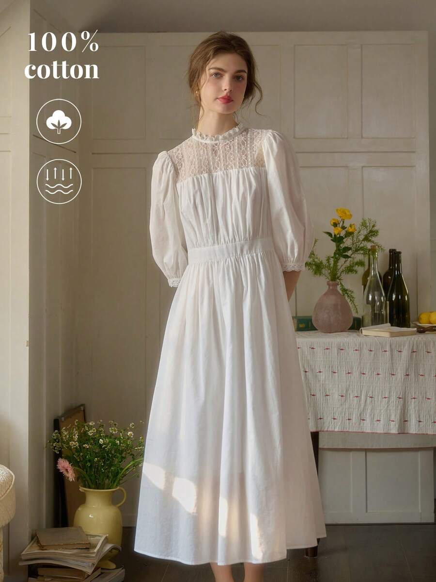 Simple Retro 女士春夏新款撞色蕾丝领白色优雅复古修身短袖连衣裙，女仆装，夏季棉质半身裙，伴娘礼服，法式温柔优雅 - 白色 - 查看 1