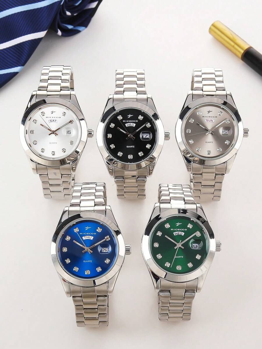 RICECGO RICECGO 1pc Men's Classic Quartz Watch - Business Style, Circular Dial, Dual Calendar Display, Stainless Steel Butterfly Clasp Strap, Quartz Movement, Suitable For Daily Wear, Ideal Gift For Birthdays Or Special Occasions, Anniversary Gift, Back To School Gifts.