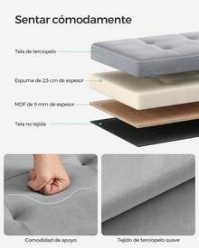 Puff Almacenaje, Baúl de Almacenaje Plegable, 38 x 110 x 38 cm, Taburete Reposapiés, Banco de Cubo, Soporta hasta 300 kg, para Sala de Estar, Dormitorio, Entrada, Gris Paloma - Gris Claro - Ver 2