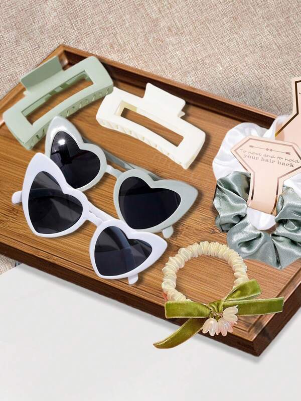 Set de propuesta de dama de honor: 3/6 piezas que incluyen: scrunchies de satén champán suave, 1 par de pendientes de perla, 1 par de pasadores de cabello con lámina de oro y tarjetas, gafas de sol con forma de corazón, flor de muñeca, pinzas para el cabello cuadradas, regalo de moda para niñas, accesorios para el cabello, para fiesta de bodas