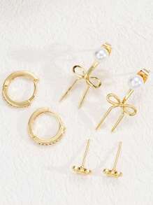 6-Piece Set Of Simple And Elegant Faux Pearl & Rhinestone Bowknot, Leaf And Flower Copper Ear Clips – Suitable For Ladies' Dating, Vacation, Banquets, Parties And Daily Wear