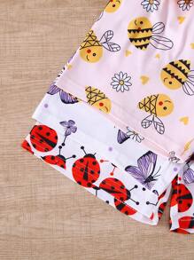 6pcs/Set Girls Casual "English Letter", "Bee", "Butterfly", "Ladybug" Printed Top & Matching With Bowknot, "Bee", "Butterfly", "Ladybug" All Over Print Random Cut Shorts Outdoor Suit, Spring/Summer