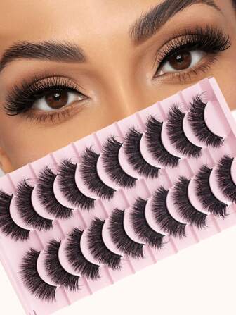 10 pares de pestañas postizas en tiras, con un aspecto glamoroso europeo, densas, esponjosas, naturales, con puntas afiladas, ultra finas, de base negra, livianas, reutilizables, esenciales para el maquillaje de uso diario