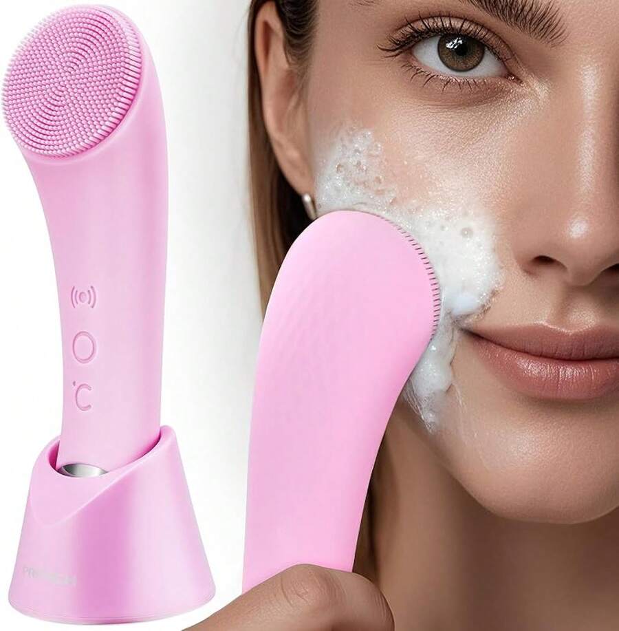 ALQD Cleansing, Rechargeable Silicone Face Scrubber With Heat Massage End, Vibrating Exfoliator Scrubber Deep Cleaning, Waterproof Face Women And Men (Pink) - 粉色 - 查看 1