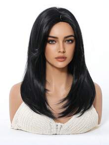 16 Inch Long Straight Wig With Bangs, Suitable For Women, Synthetic Hair Wig, Suitable For Girls Daily Party Wear, Black Heat-Resistant Long Curly Hair - Black - View 7