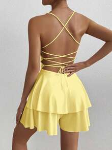 1 pieza Vestido de mujer estilo Y2K sexy con espalda cruzada y cordón, elegante mono con pliegues sin espalda, adecuado para bar, fiesta, hogar, graduación