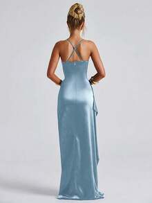 优雅性感缎面荷叶边修腰派对礼服、伴娘服、礼服 - 霧霾藍 - 查看 2