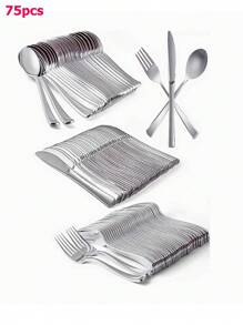 75 pièces de couverts en plastique argenté - 25 fourchettes, 25 couteaux, 25 cuillères à soupe - un ensemble fiable de vaisselle en plastique convenant pour les grands événements tels que les repas, les fêtes, les banquets, les mariages, la Fête des Pères, etc., fournitures scolaires