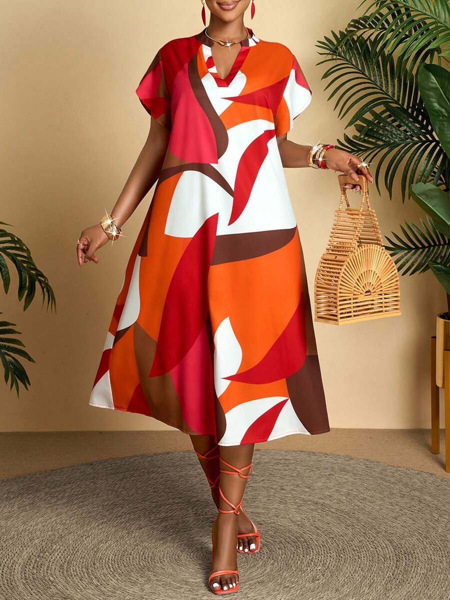 AIJ Amarilo Colorblock V-Neck Short Sleeve Belted Midi Dress, Women's Casual Summer Style With Ruffle Hem - Multicolor - View 1