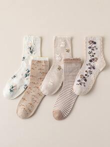 1/5 双透气、可爱、弹性舒适兔子、碎花、条纹图案蕾丝边中筒袜，适合春夏季女士 - 彩色 - 查看 5