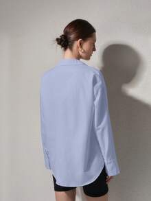 QIANZHIDU Camisa Minimalista Casual de Manga Longa Solta de Cor Sólida para Mulheres, Adequada para Voltar à Escola, Formatura, Escritório, Uso na Primavera, Verão e Outono, Simples e Elegante, Adequada para Primavera, Verão e Outono/Inverno - Azul - Visão 8