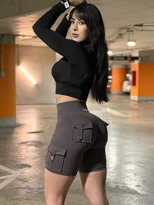CoreFlex Women Workout Biker Shorts With Cargo Pockets Hidden Scrunch High Waisted 8 Inseam Gym Shorts - Coffee - View 6