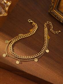 1 pieza Pulsera de tobillo elegante y ligera de doble capa chapada en oro de 18K con Charm circular, adecuada para uso diario, empaquetada en bolsa de terciopelo, para moda, verano, playa, fiesta en la piscina