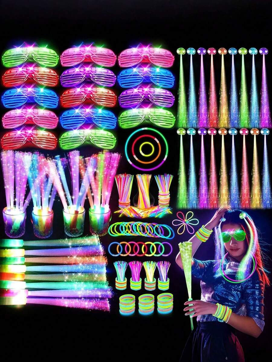 124PCS -Glow In The Dark Party Supplies, 8 Fiber Optic Wands, 8 LED Glasses, 100 Glow Sticks And 8 LED Hair Clips Fiber Optic For Neon Party, Wedding, Birthday, Concert, New Year,Pool Party Supplies, Graduation Celebration