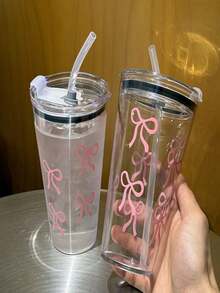 1pc,Cute Pink Bow Reusable Plastic Tea Cup With Lid And Straw,Watar Bottle For Men And Wowen,Office&School& Birthday&Party