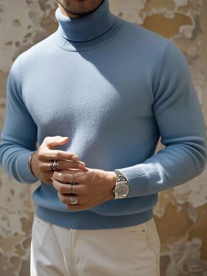 Men's Casual Elastic Solid Color Turtleneck Sweater, Autumn/Winter, Long Sleeve Top