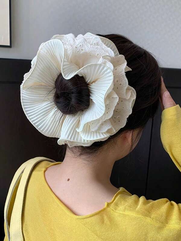 1pc Solid Color Casual Polyester Fabric Scrunchie Hair Tie, Vintage Pleated Design, Versatile Accessory, Suitable For Spring, Summer, Autumn, Winter, Korean Style