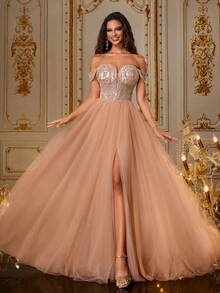 VIPGIRL Champagne Sequin Off Shoulder Corset Tulle Gown With High Slit, Elegant Princess Style Long Formal Evening Dress, Luxury Prom Dresses For Women, Gala Wedding Guest Outfit, Bridesmaid Gown - Camel - View 7