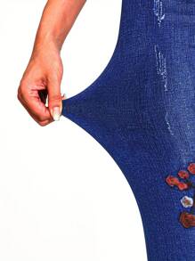 Leggings elásticos de ajuste ceñido de moda casual para mujer, de estilo de calle, de longitud de tobillo, con estampado de vaquero, estrella y flor, con efecto moldeador, cómodos y transpirables para uso diario, deporte y actividades al aire libre
