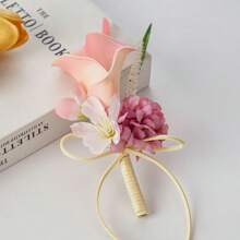 1 peça de flor de lapela de casamento elegante e premium, flor artificial Kalanchoe preservada em rosa esmaltado, boutonniere para noivo