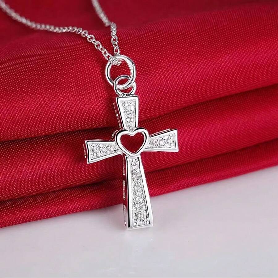 Charms 经典 925 纯银镀水晶十字架吊坠项链 女士高品质婚礼派对珠宝节日礼物 - 銀色 - 查看 1
