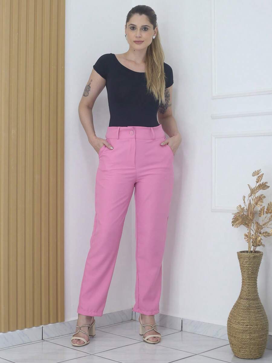 Women's Refreshing Plain Tailored Trousers With Button - Maxma 6631 - Rosa coral - Ver 1