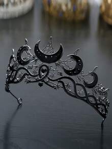 1 Peça Coroa Barroca Vintage Preta com Lua e Estrela - Headpiece de Noiva Luxuoso com Padrão Floral e de Estrela, Adequado para Casamentos, Galas e Ocasiões Formais - Design Elegante do Oriente Médio, Artesanato em Metal Requintado, Headpiece de Strass Delicado Feito à Mão para Cosplay e Festas (Fada Negra) - Multicolorido - Visão 4