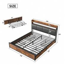 Cama tapizada, 140x200cm, canapé con 4 cajones, diseño industrial moderno con decoración en madera, con cabecero de almacenaje en PU, estructura de hierro, cama doble, sin colchón, color negro - Negro - Ver 11