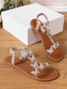Women's Flat Sandals With Bowknot And Rhinestones, Elegant Pointed/Round Toe High Heel Sandals, Bohemian Style For Formal Events, Parties, Sparkling - Brown Butterfly - View 6