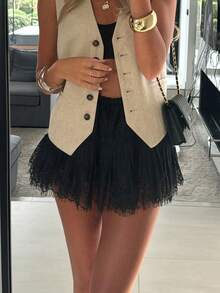 Women Lace Trim Half Slip Skirt Elastic Y2k Floral Sheer Mini Skirt Ruffle Pleated Underskirt Shirt Extender - 黑色 - 查看 4