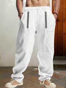 Men's Drawstring Linen Pants With Pockets Stylish Geometric Embroidery Casual Mid Rise Wide Leg Trousers For All Seasons - White - View 3