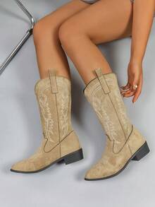 Fall/Winter 2025 Women Embroidered Chunky Heel Riding Boots, Fashion Western Boots For Party,Cowboy Boots - Khaki - View 6