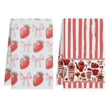 2pcs Set, Cartoon & Simple Striped Strawberry Kitchen Towel, Hand Towel, Polyester Dish Cloth, Soft Absorbent Drying Cloth, Kitchen & Cleaning Supplies, Bathroom Essentials