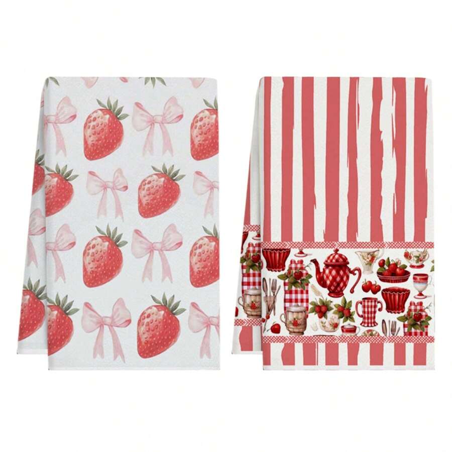 2pcs Set, Cartoon & Simple Striped Strawberry Kitchen Towel, Hand Towel, Polyester Dish Cloth, Soft Absorbent Drying Cloth, Kitchen & Cleaning Supplies, Bathroom Essentials