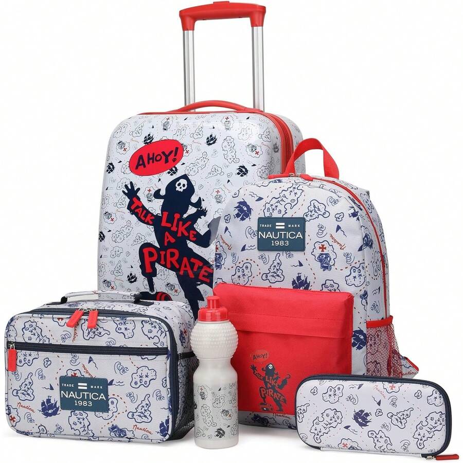 Maleta de viaje NAUTICA para niños - Maleta rígida de mano de 18" aprobada por aerolíneas con ruedas (Ataque de tiburón) - Pirata Ahoy | Set escolar de 5 piezas - Ver 1