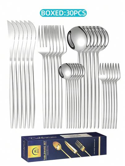 30pcs Stainless Steel Cutlery Set, Elegant Portuguese Western Style Reusable Tableware Service Set For 6 Persons, Suitable For Home And Daily Use - Gift Box
