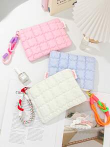 1 Piece 可爱银色零钱包带手柄银色斜纹心形零钱包可爱腕带化妆包便携式短钱包银色蝴蝶结装饰可爱零钱包绗缝零钱包配马卡龙手柄化妆包旅行圣诞礼物感恩节 - 彩色 - 查看 6