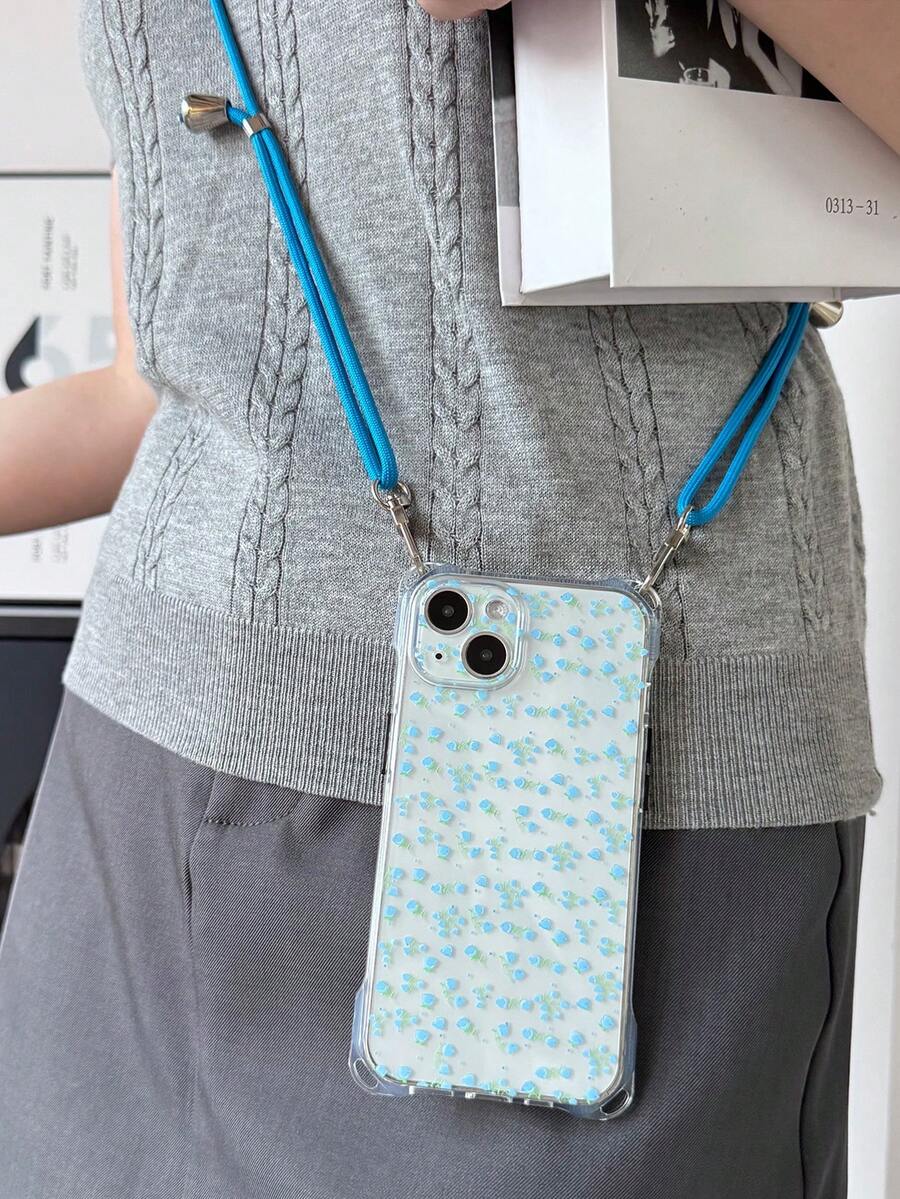 花朵 1 件蓝色郁金香 Ditsy 花卉透明挂绳手机壳带挂孔，柔软 TPU 防摔手机壳，带 1 件 4 毫米蓝色可调节挂绳，兼容 16/16Pro/16PLUS/16Promax/16E/15/11/12/13/14/13mini/XR/7P/8P