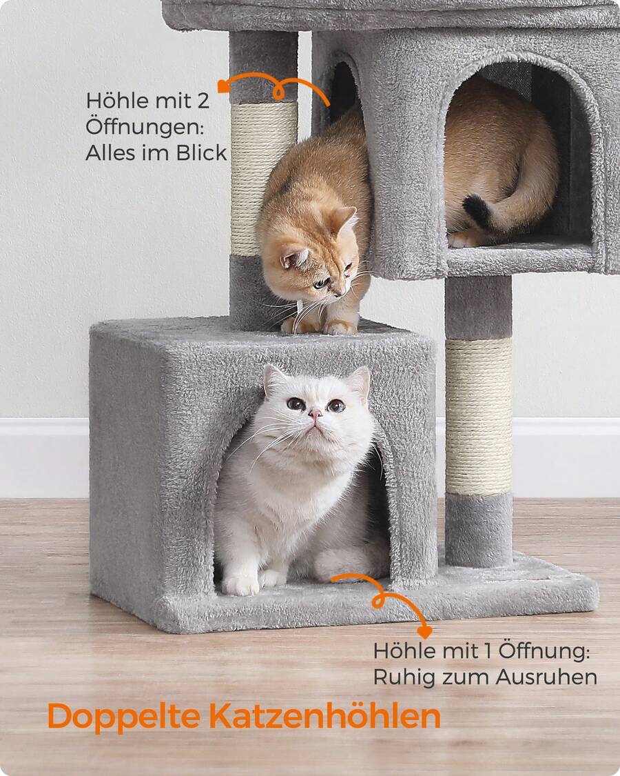 Kratzbaum M-XL Katzenbaum, mit 2 Häuschen, Sisalstämme, kompakt - Hellgrau - Übersicht 1