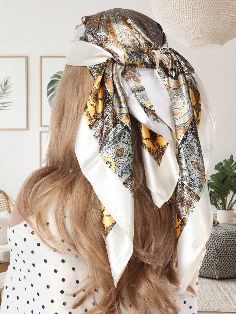 1pc Women Ivory Paisley Pattern Square Silk Scarf, Multi-Purpose Headscarf For Summer Travel Beach, Street Wear Women Bandana For Dress - Paisley - View 2