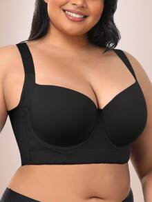 MIMILEMON Plus Size Seamless Black Bra, Smooth Minimalist Wide Strap Comfortable Lift And Support Bra - Black - View 4