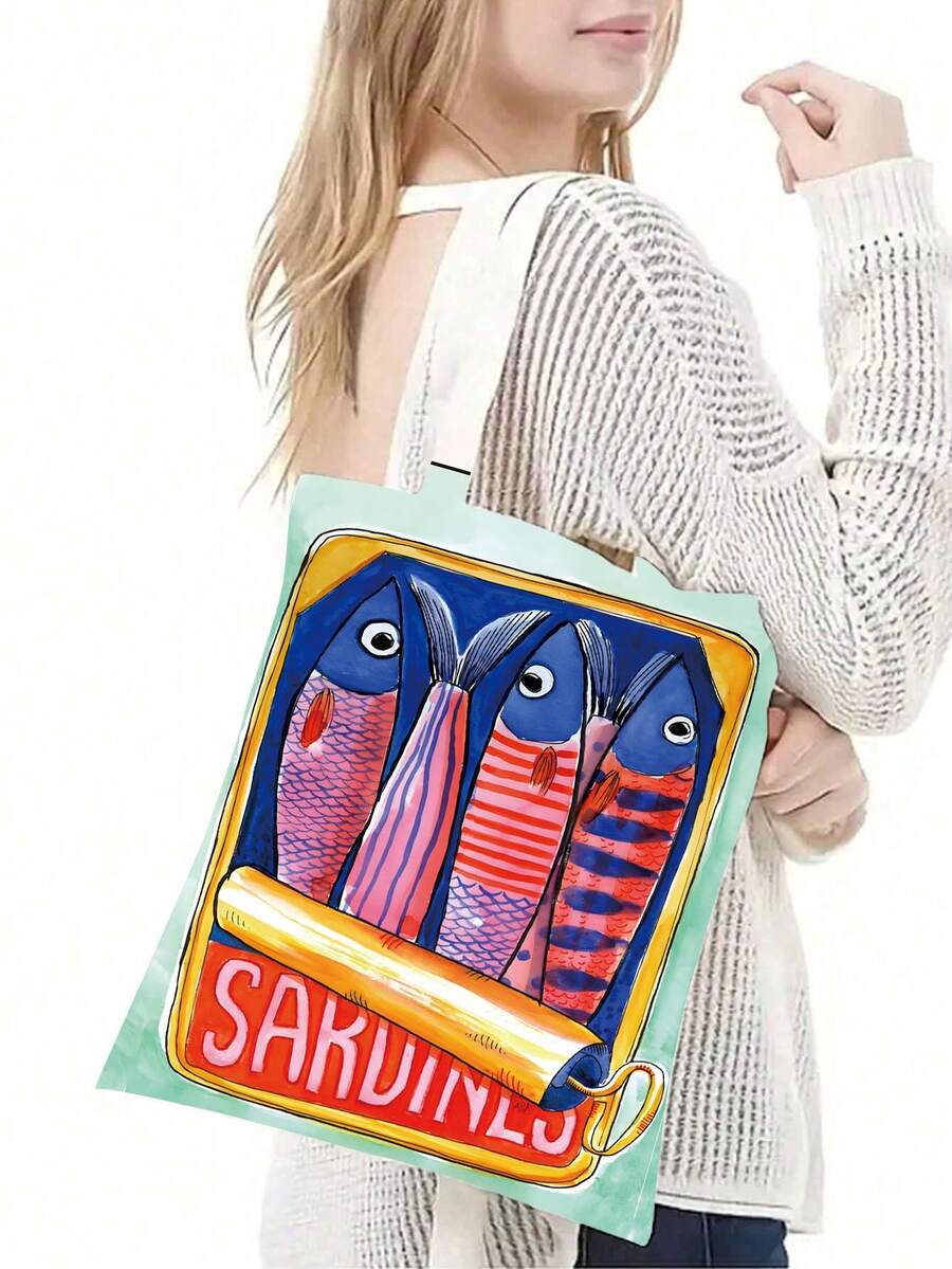 1pc Sardine Printed Tote Bag, Durable Canvas Storage Bag, Double Sided Pattern Shopping Bag, Gift For Friends, Back To School - Multicolor - View 1
