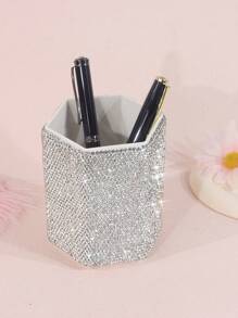 1pc White Luxurious Crystal-Inlaid Desk Pen Holder, Creative Ceramic Rhinestone Makeup Brush Holder, Fashion Cosmetic Organizer Storage