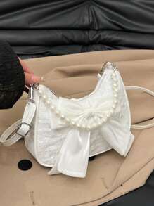 1 Piece Of Cute Versatile Crossbody Bag With Bow Pearl Nylon Zipper Closure, Suitable For Daily Use, Zipper Design, Adjustable Shoulder Strap, Suitable For School And Travel, Can Easily Accommodate Daily Necessities, Versatile Single Product, Fashion Darling, Suitable For All Styles And Occasions, With Strong Style Adaptability