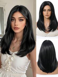 16 Inch Long Straight Wig With Bangs, Suitable For Women, Synthetic Hair Wig, Suitable For Girls Daily Party Wear, Black Heat-Resistant Long Curly Hair - Black - View 4