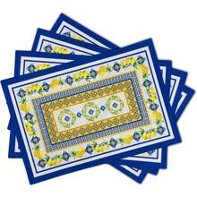 1/2/4/6 Luxury Placemats Lemon Blue Linen Placemats, 30 * 45cm Seasonal Daily Tablecloth Table Mats, Coasters, Suitable For Holiday Party Decoration, Coffee Table And Home Decoration, Kitchen Table And Room Decoration Accessories, Dining Table Decoration, Restaurant Company Gatherings