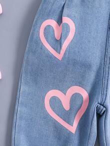 1pc Baby Girls' Heart Print Casual Versatile Denim Bib Pants - Blue - View 11
